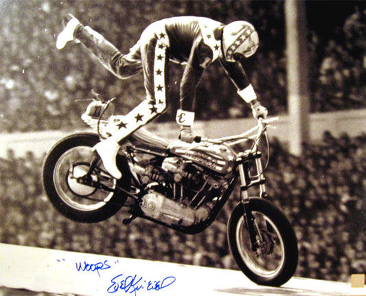 Evel Knievel Autographed 16x20 Photo Wembley Crash With "WOOPS" Inscription