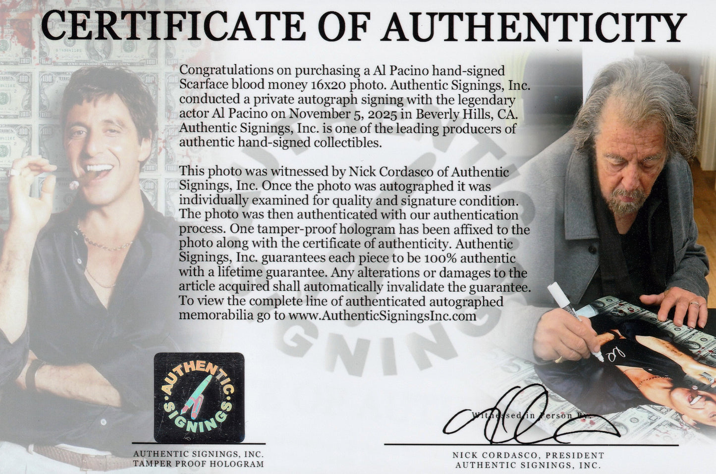 Al Pacino Autographed SCARFACE 16x20 Blood Money Photo