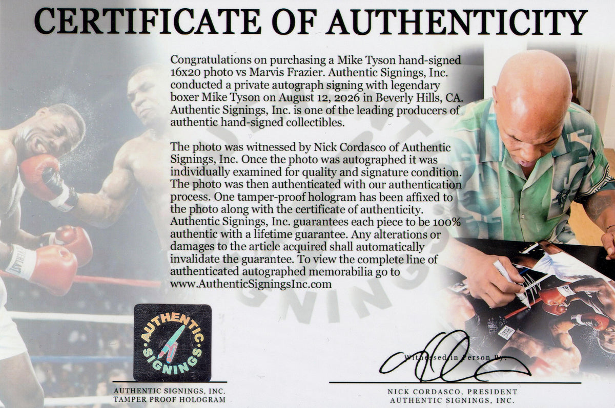 Mike Tyson Autographed 16x20 Photo Punching Marvis Frazier