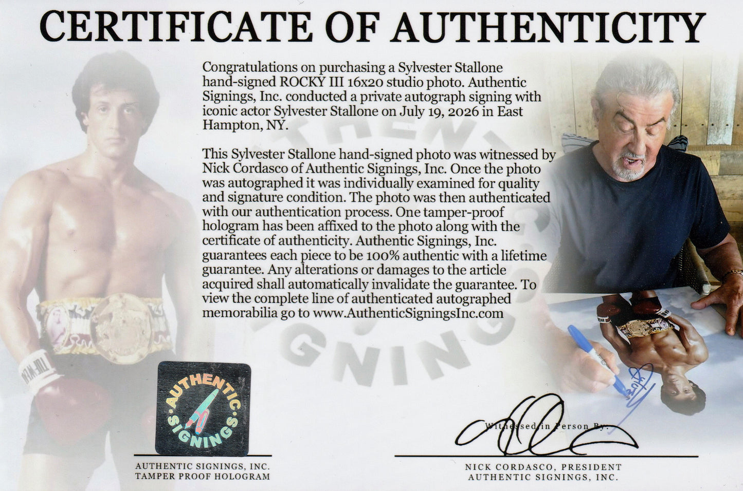 Sylvester Stallone Autographed ROCKY 16x20 Photo "ROCKY III"