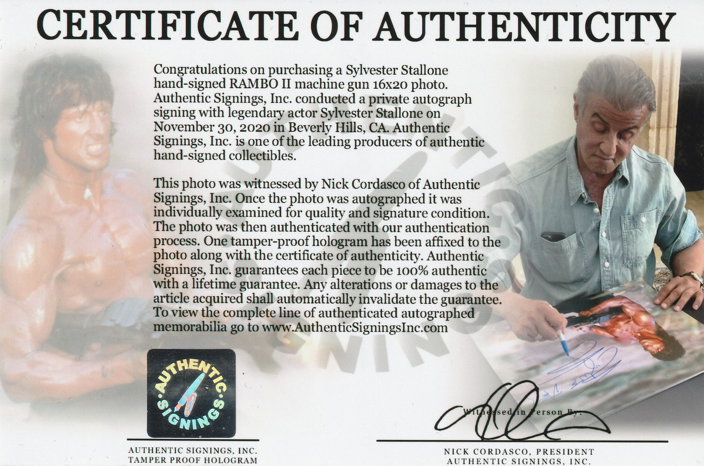 Sylvester Stallone Autographed RAMBO II "SHOOTING MACHINE GUN" 16x20 Photo