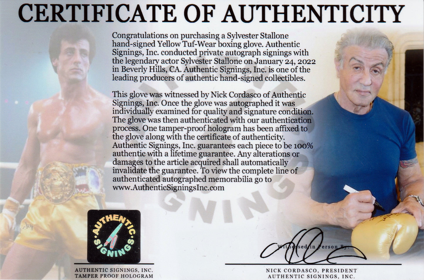 Sylvester Stallone Autographed ROCKY III Yellow Tuf Wear Boxing Glove