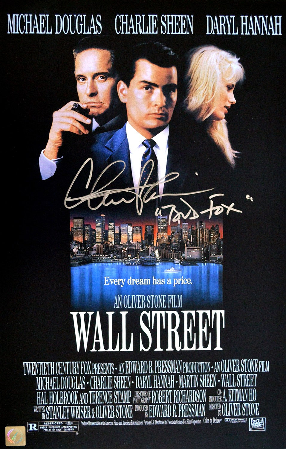 Charlie Sheen "Bud Fox" Autographed Wall Street 11x17 Movie Poster