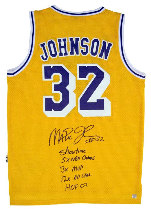 Magic Johnson Autographed Official NBA Yellow Lakers Basketball Stat Jersey