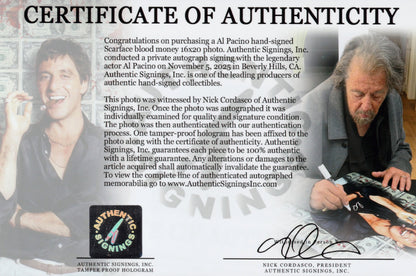 Al Pacino Autographed SCARFACE 16x20 Blood Money Photo
