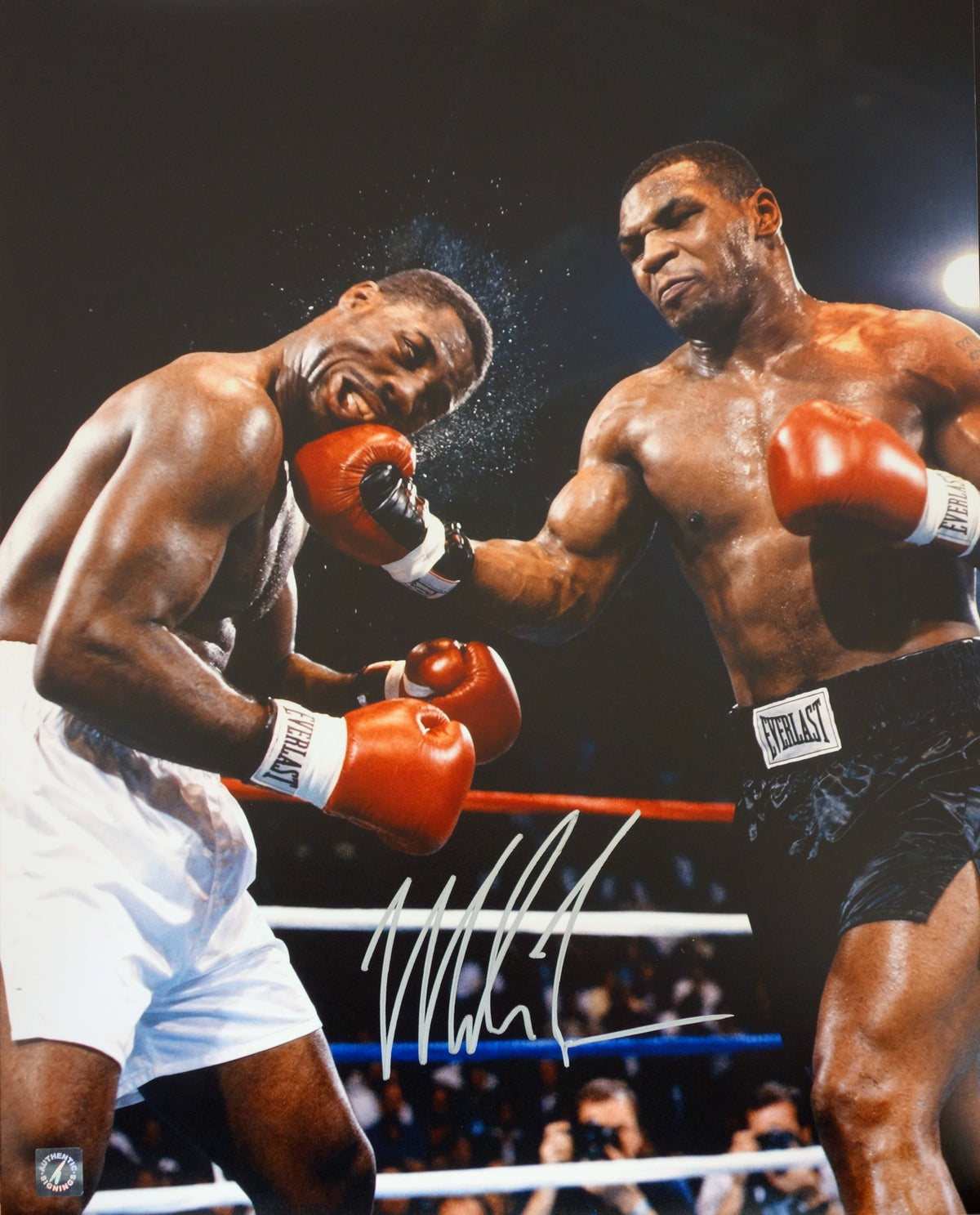 Mike Tyson Autographed 16x20 Photo Punching Marvis Frazier