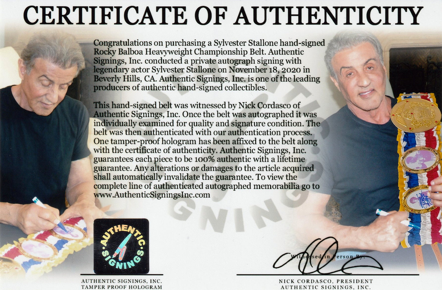 Sylvester Stallone Autographed ROCKY BALBOA Heavyweight Championship Belt