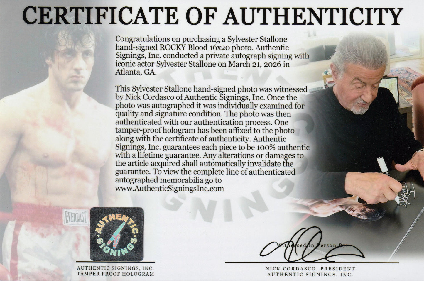 Sylvester Stallone Autographed ROCKY 16x20 Blood Photo