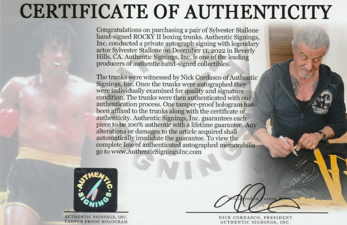 Sylvester Stallone Autographed ROCKY II Boxing Trunks