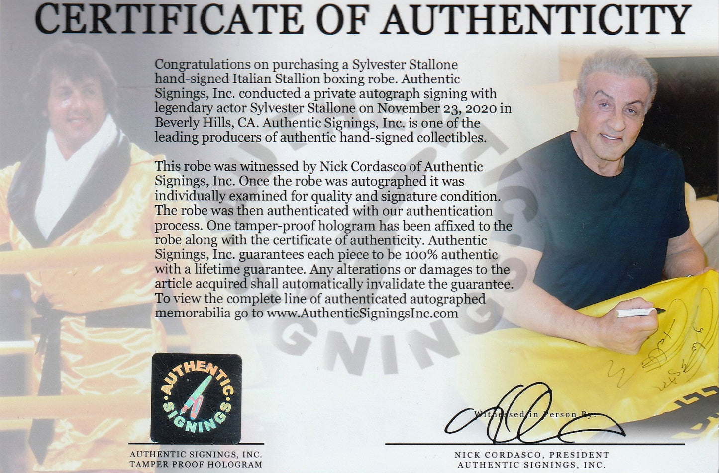 Sylvester Stallone Autographed ROCKY III Italian Stallion Boxing Robe