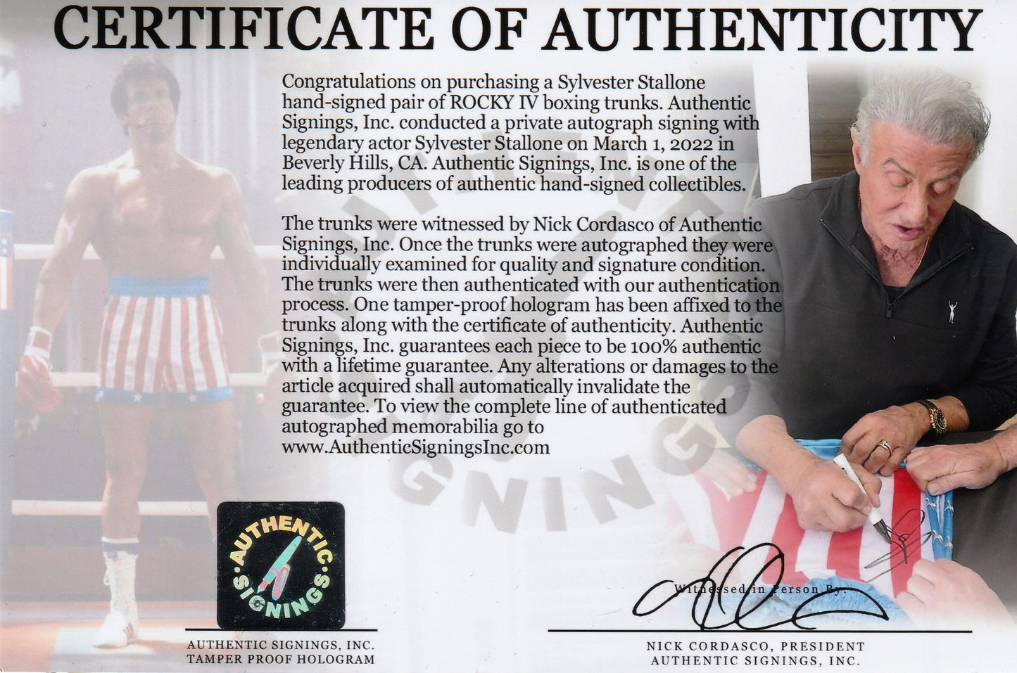 Sylvester Stallone Autographed ROCKY IV Boxing Trunks