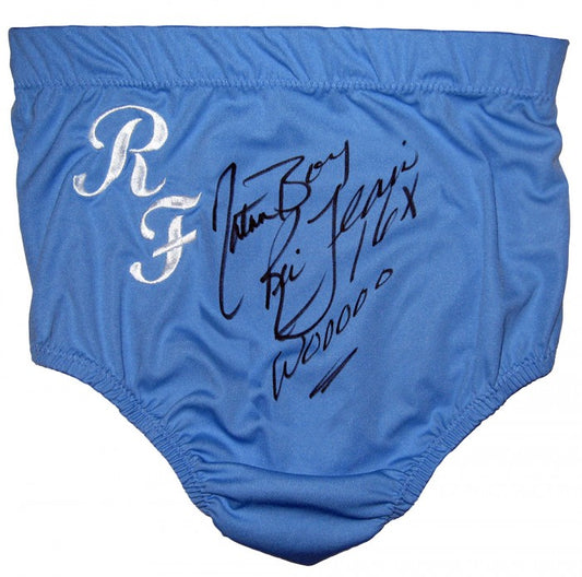 "Nature Boy Ric Flair 16X Wooooo" Autographed Baby Blue Wrestling Trunks