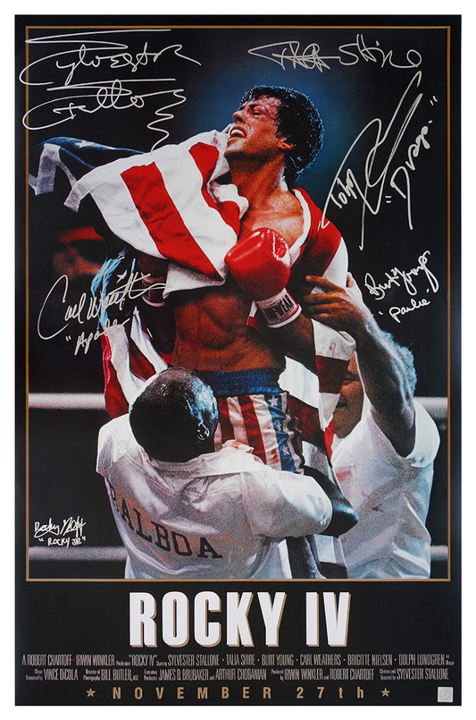 Sylvester Stallone, Talia, Shire, Carl Weathers, Dolph Lundrgren, Burt Young and Rocky Krakoff Autographed ROCKY IV 24x36 Movie Poster