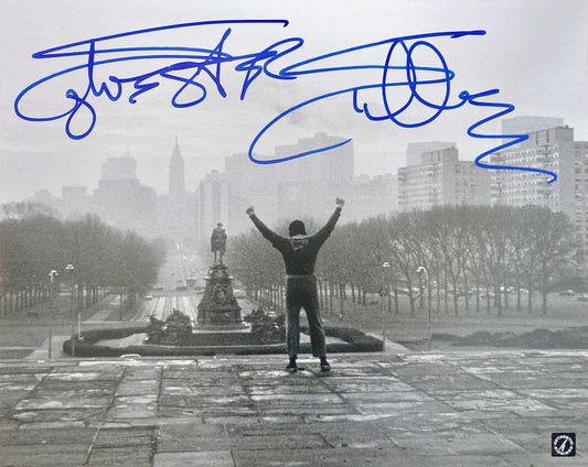 Sylvester Stallone Autographed ROCKY 16x20 Photo "B&W ON MUSEUM STAIRS"